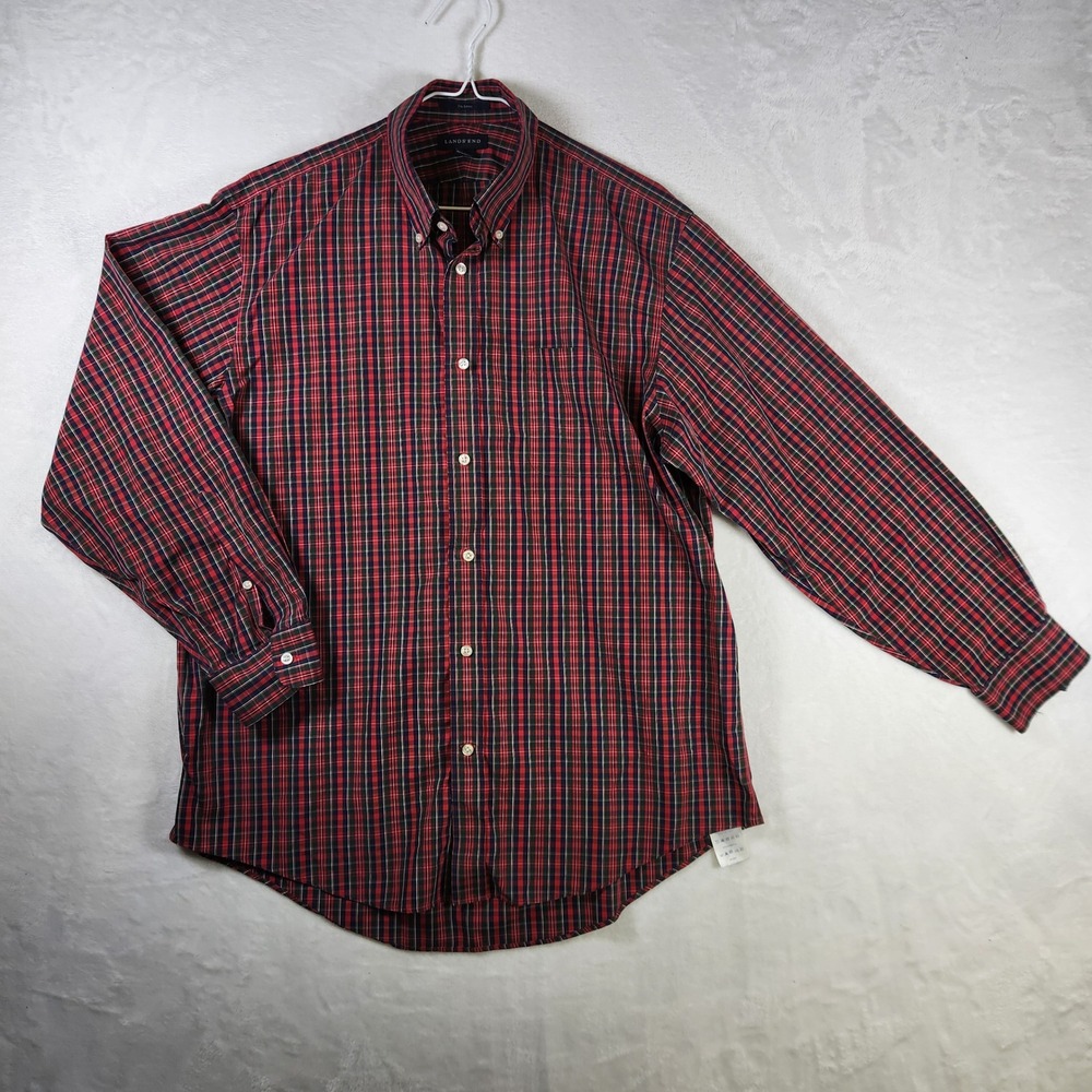 Lands' End Men's Plaid Button Down Shirt Long Sleeve No‎ Iron